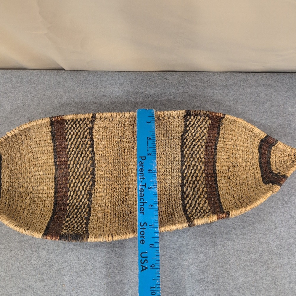 Ethiopian Handwoven Basket Boat Shaped Natural Fiber Striped Brown Tan - Picture 9 of 10